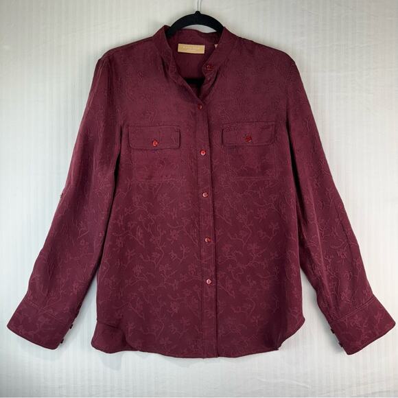 Kate Hill Button-Down Long Sleeve Silk Blouse Burgundy Vintage Embossed Medium - Picture 1 of 8